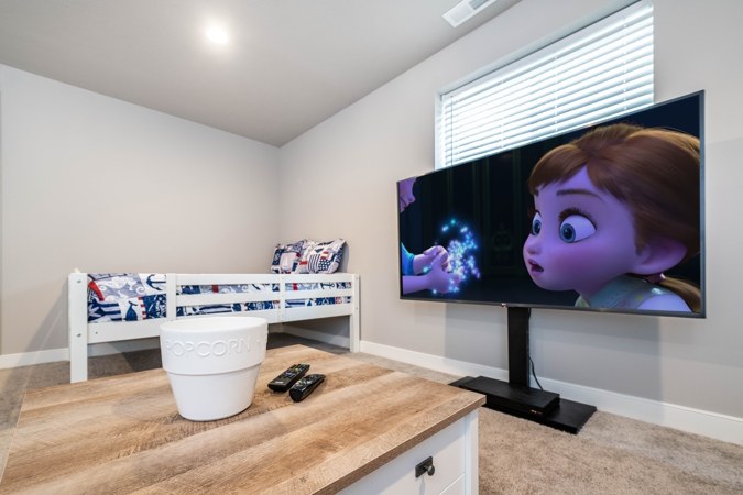 Basement family room with a twin bed and a large TV