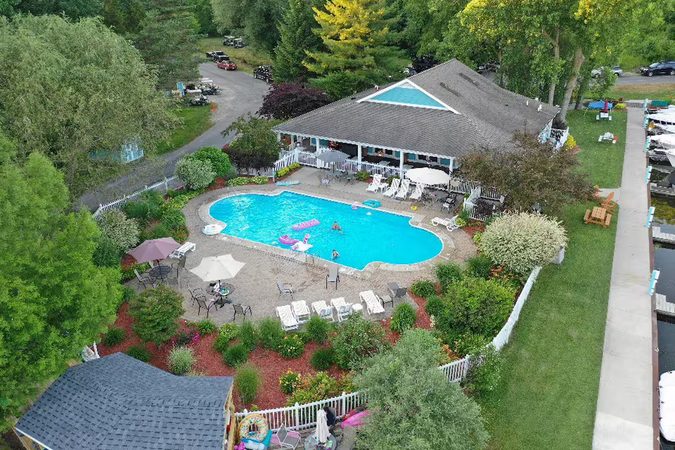 Aerial view of the marina pool surrounded by gardens